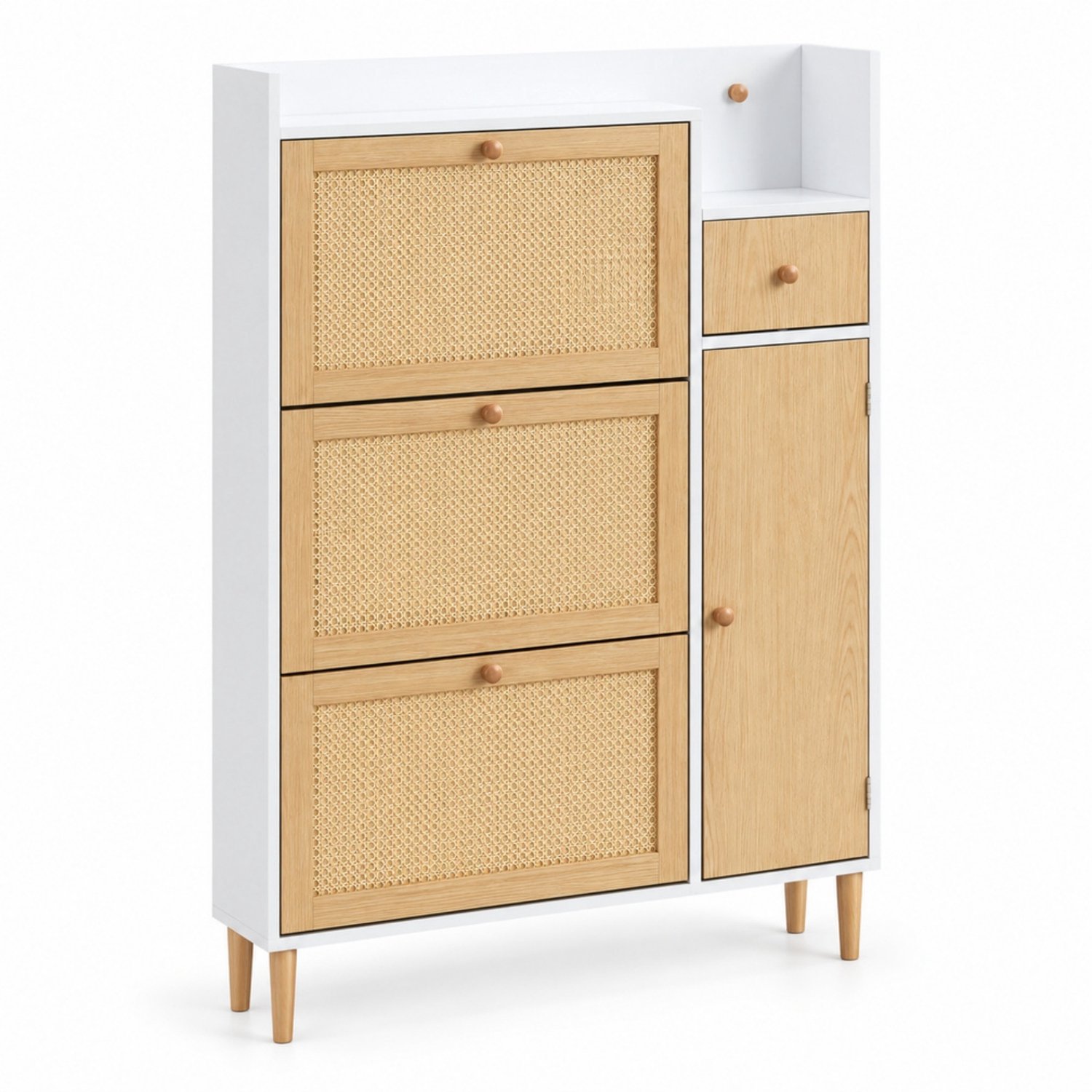 LONG DRAGON - Smalle schoenenkast - 3 kleppen en lade - Rotanlook - Naturel/Wit - 90 x 17 x 125 cm