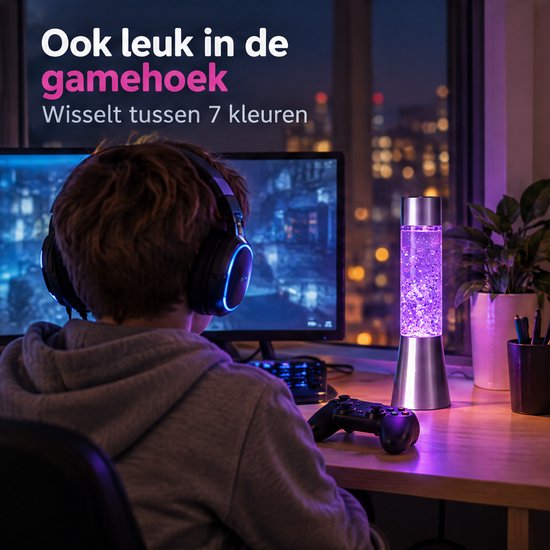 Cheqo® Glitterlamp op Batterijen - Lavalamp met Glitters - Kleurveranderend - Multicolor LED - Nachtlampje voor Kinderkamer en Slaapkamer - Sfeerlamp - Tafellamp - Kinderlamp voor Jongens en Meisjes - Zilver - Moodlight - Snoezellamp — afbeelding 4