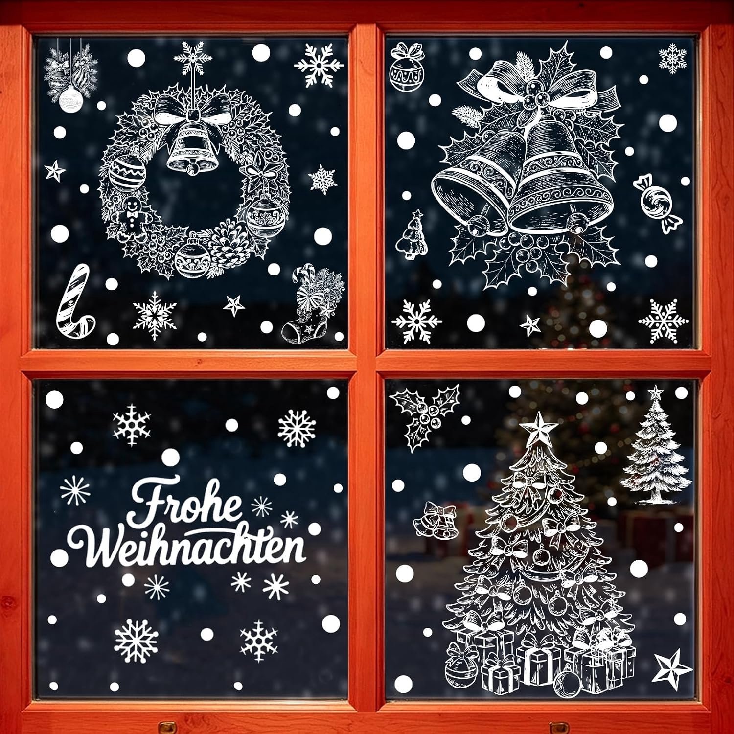 4 stuks Duitse kerstraamafbeeldingen, pvc, zelfklevend, met sneeuwvlokken en huizen, kerstdecoratie, ramen, binnen, raamstickers voor glas en etalages