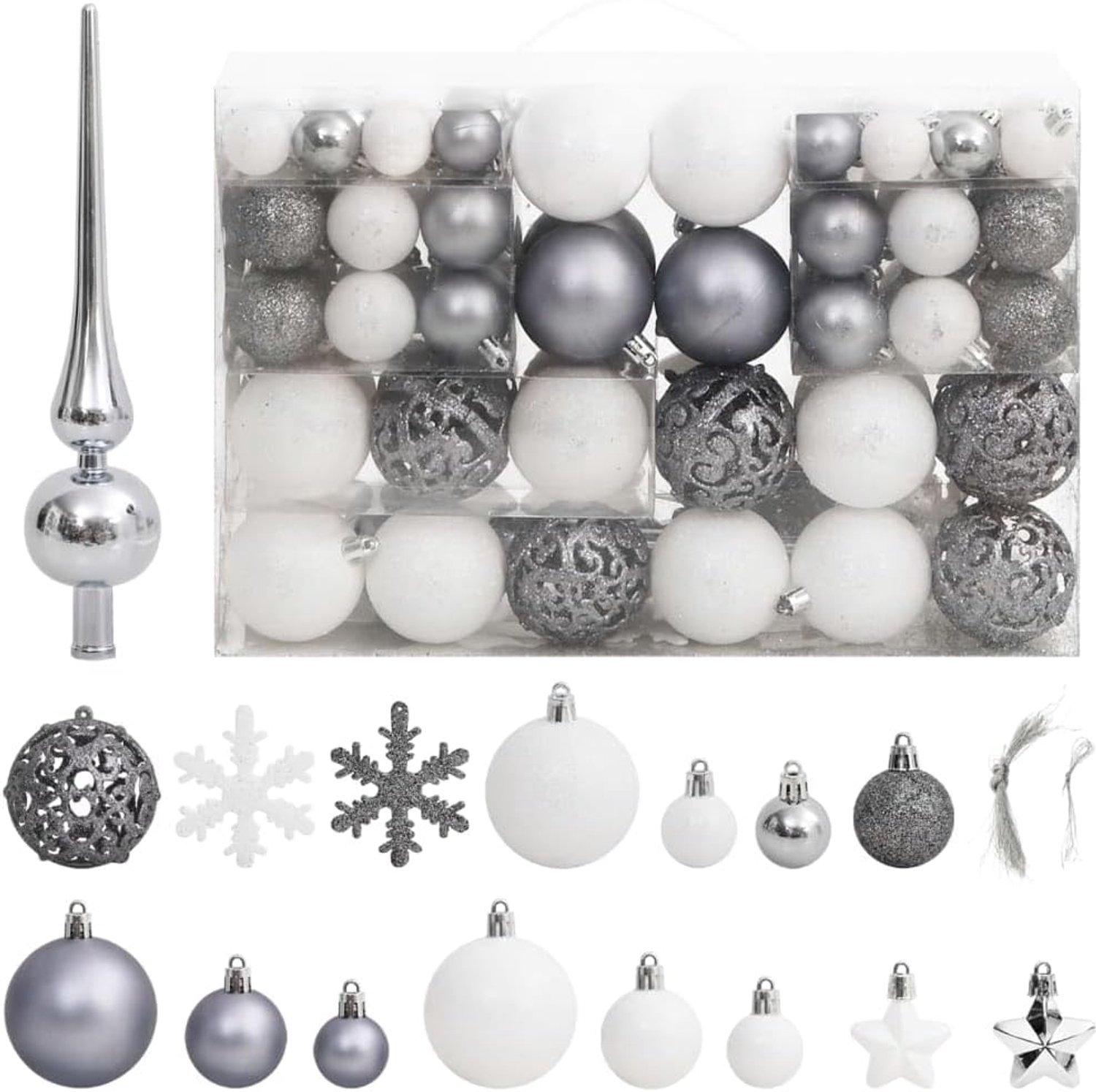 Kerstballenset, 111-delig, wit en grijs polystyreen, kerstballen, onbreekbare plastic kerstballen, decoraties voor kerstboom, vakantie, bruiloft, feest
