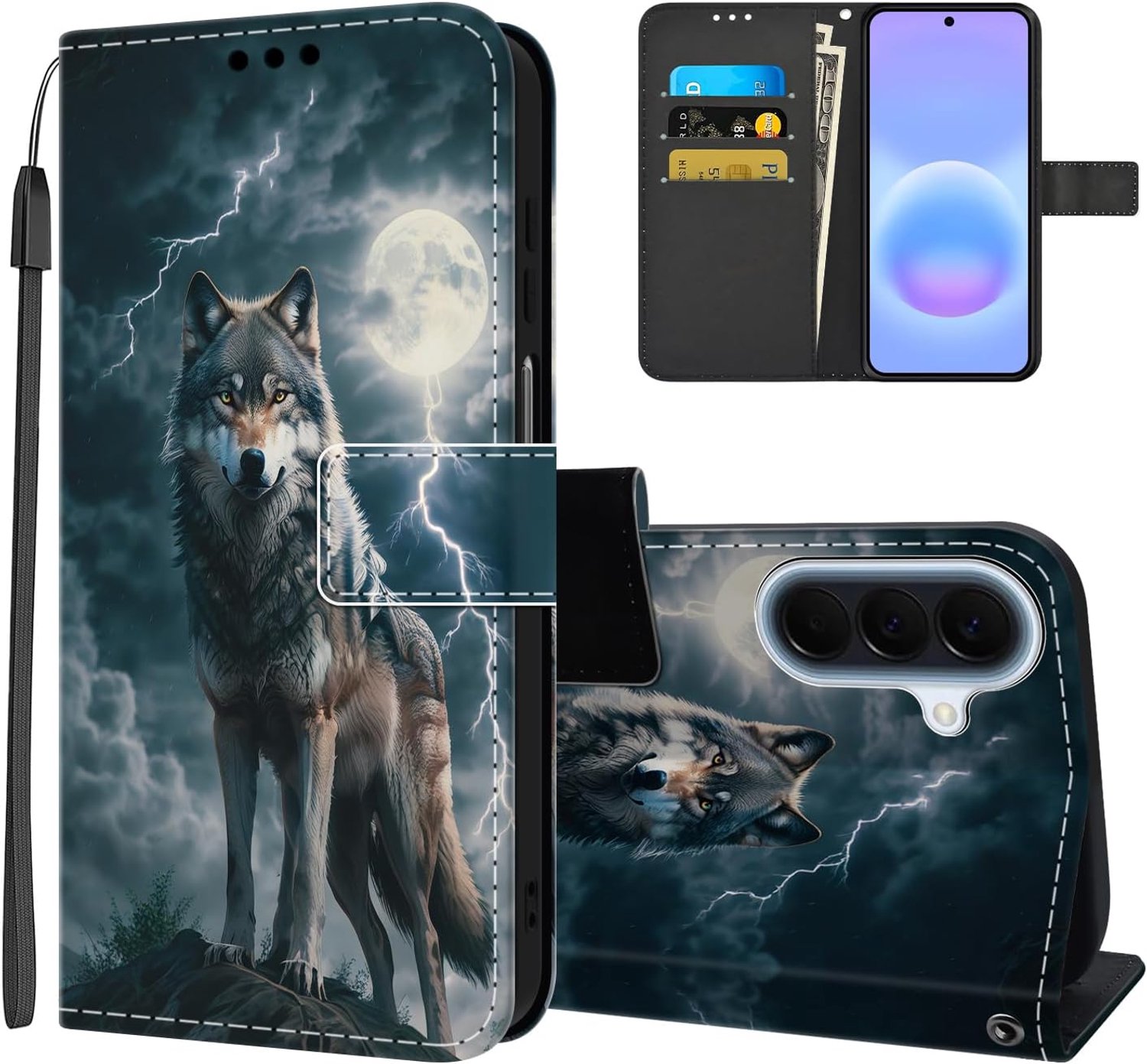 Telefoonhoesje voor Samsung Galaxy A57 5G, premium PU-leren klaphoes met patroon, beschermhoes, magneetsluiting, kaartenvak, standfunctie, flip case, telefoonhoes voor Samsung A57 5G - Wolf B