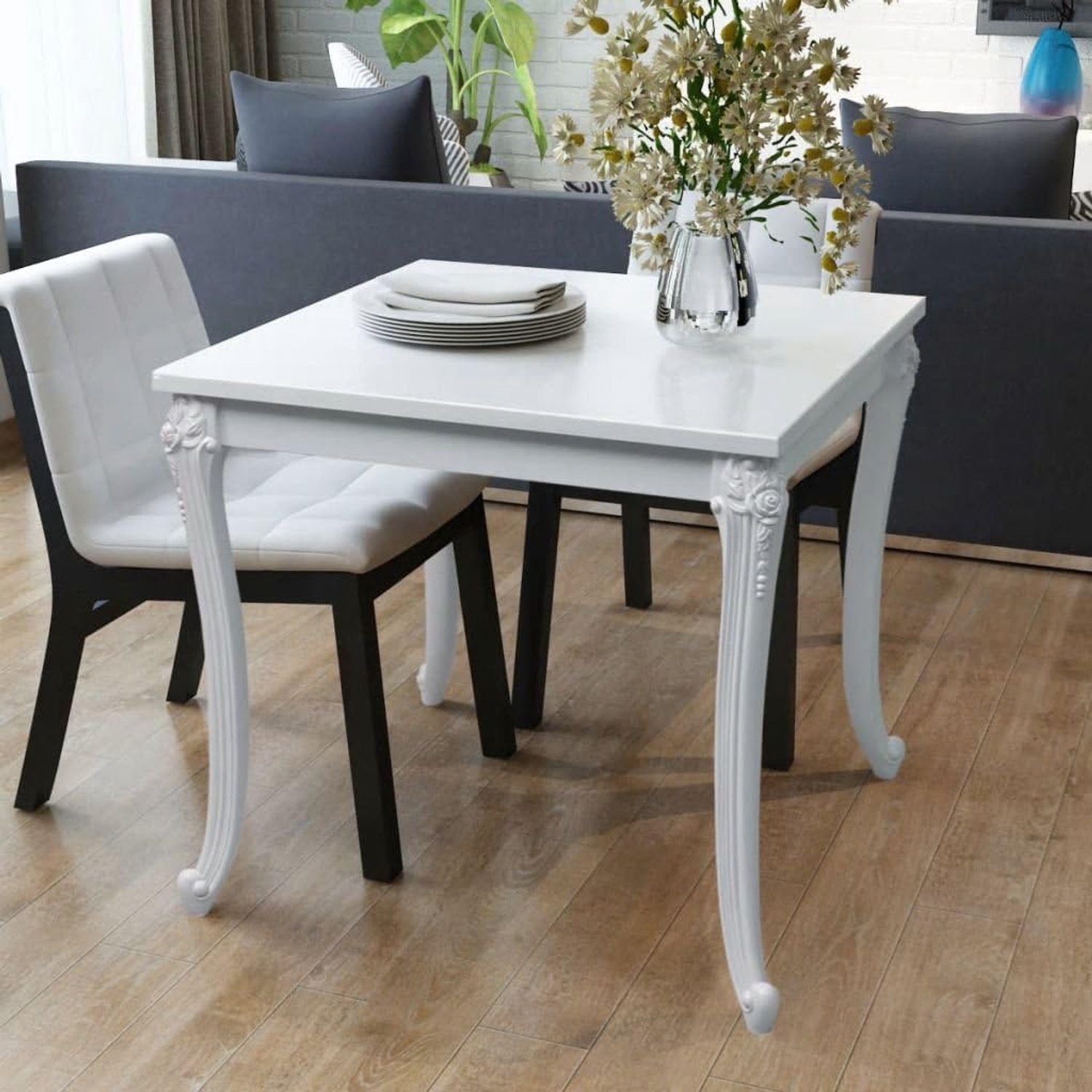 Praktische vierkante eettafel, rechthoekig, modern, 80 x 80 x 76 cm (l x b x h), materiaal FDM, wit glanzend