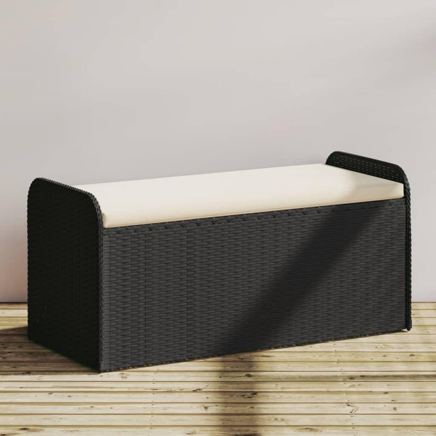 Tuinbank met opbergdoos en kussens, zwart, 115 x 51 x 52 cm, polyrotan, inclusief opbergdoos en waterdichte tas, dik gevoerd zitkussen met afneembare hoes, veer