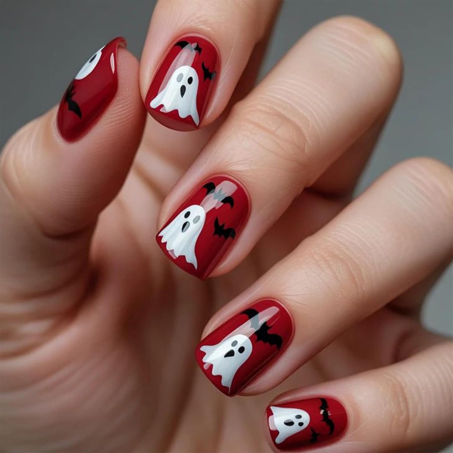 24 stuks Halloween Press-on nagels kort vierkant, glanzende rode