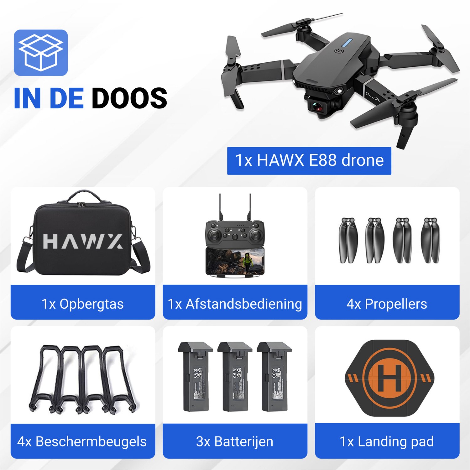 HAWX E88 Drone - Drone met 4K Camera - Mini drone - Voor Kinderen/Volwassenen - Drones - Tot 90 Minuten Vliegen - Incl. 3 Batterijen, Opbergtas, Landing Pad — afbeelding 5