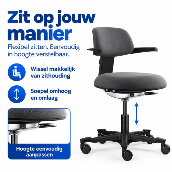 Grijze bureaustoel met verstelbare hoogte, armleuningen en wieltjes. Iconen voor zithouding wisselen en hoogteverstelling.