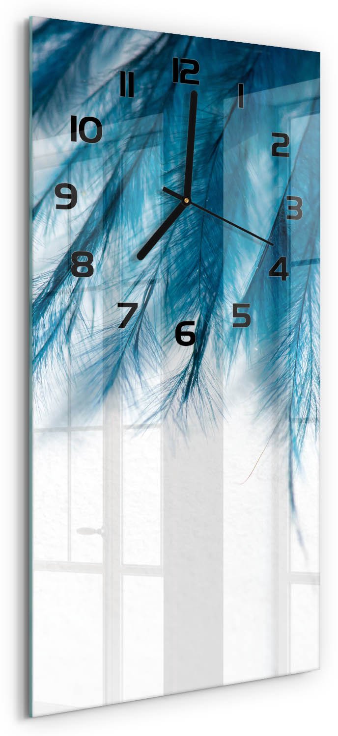 Tulup Wandklok - Blauwe veren Decoratieve Glazen Klok - 30x60 cm - Blauw Glazen Wandklok Design - Zwarte handen - Rechthoekige Klok - Glazen Klok Met Print - Wandklok Glas Met Motief