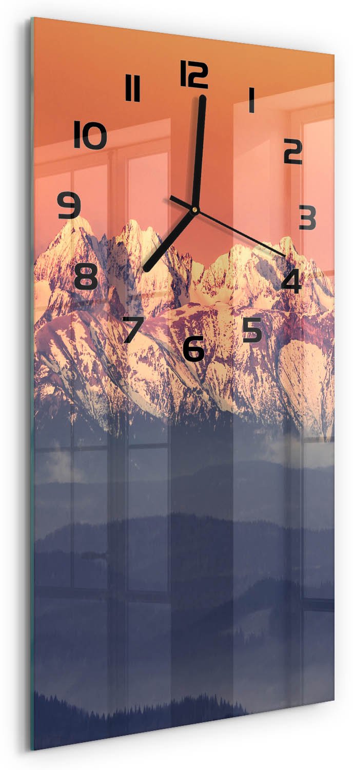 Tulup Wandklok - Panorama van het Tatragebergte Moderne Wandklok Glas - 30x60 cm - Oranje Wandklok Glas Decoratie - Zwarte handen - Rechthoekige Klok - Glazen Wandklok Design - Klok Glas Met Opdruk