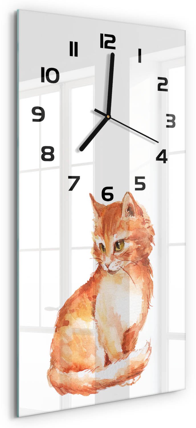 Tulup Wandklok - Rode Kat Decoratieve Glazen Klok - 30x60 cm - Oranje Glazen Wandklok Design - Zwarte handen - Rechthoekige Klok - Glazen Klok Met Print - Wandklok Glas Met Motief