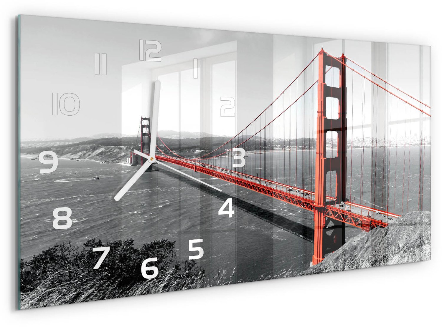 TULUP Wandklok - San Francisco-brug Gekleurde Glazen Klok - 60x30 cm - Rood Glazen Klok Met Print - Witte handen - Rechthoekige Klok - Moderne Wandklok Glas - Wandklok Glas Decoratie