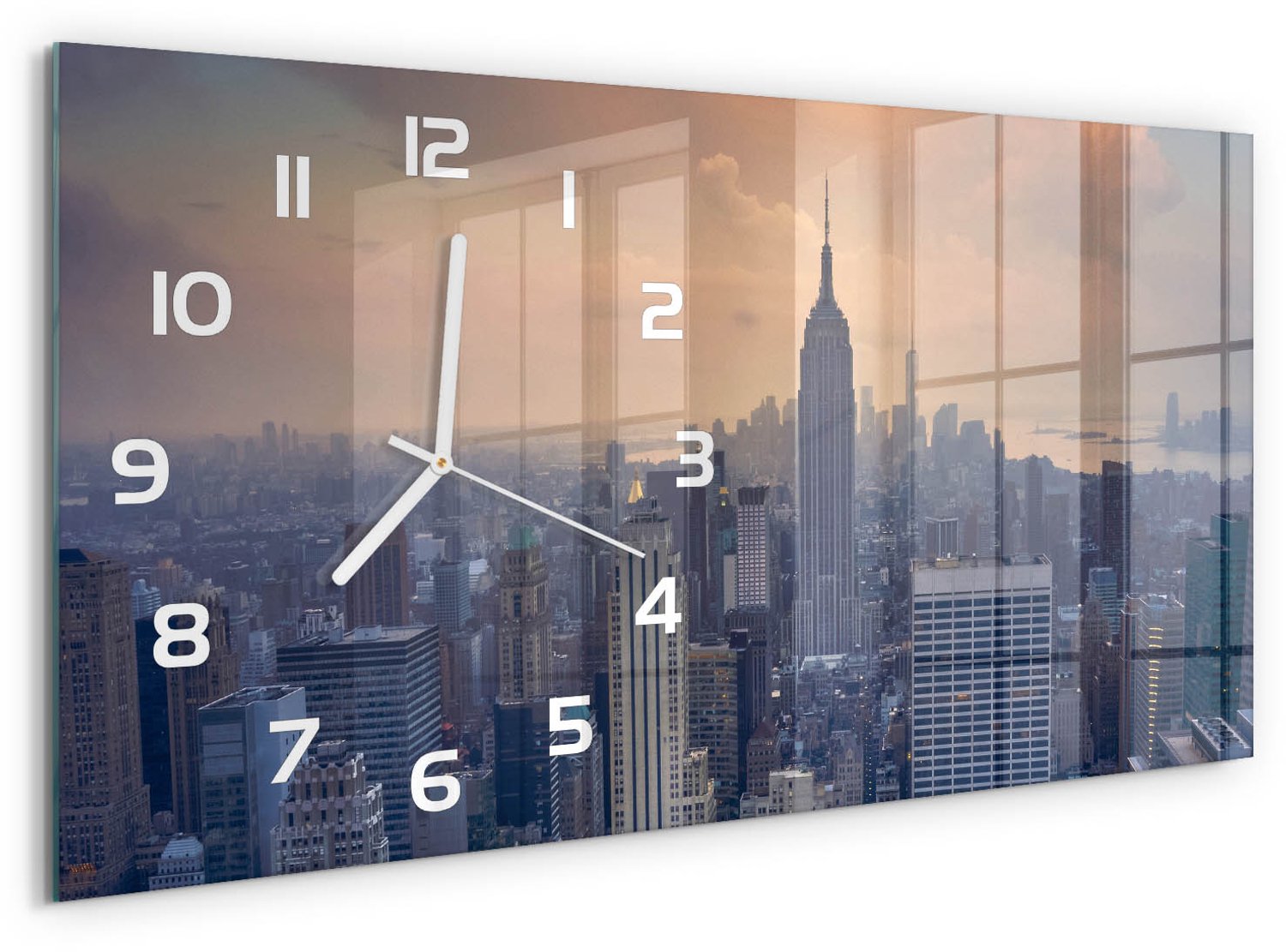 TULUP Wandklok - Manhattan, New York Glazen Wandklok Design - 60x30 cm - Grijs Klok Glas Met Opdruk - Witte handen - Rechthoekige Klok - Wandklok Glas Met Motief - Decoratieve Glazen Klok