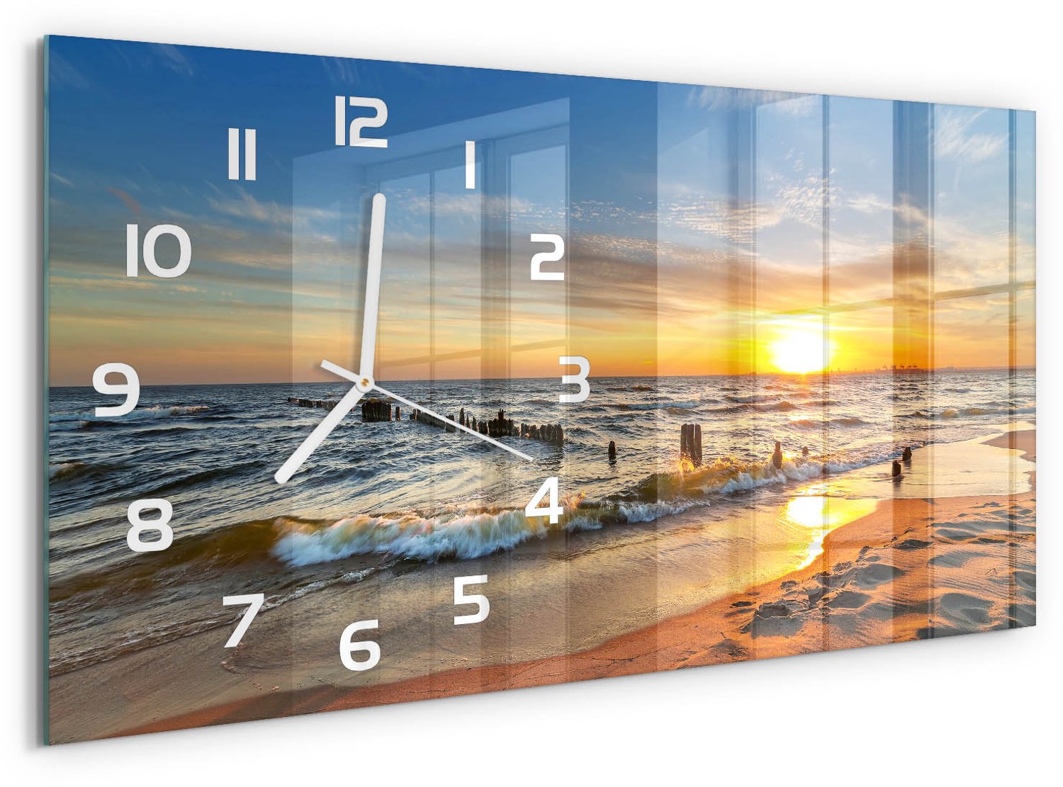 TULUP Wandklok - Zonsondergang Zee Gekleurde Glazen Klok - 60x30 cm - Geel Glazen Klok Met Print - Witte handen - Rechthoekige Klok - Moderne Wandklok Glas - Wandklok Glas Decoratie