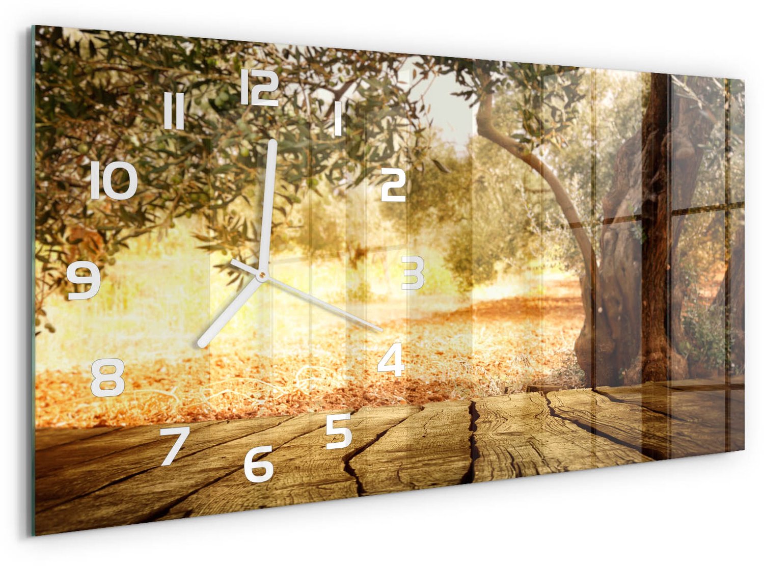 TULUP Wandklok - Olijfboom Glazen Klok Met Print - 60x30 cm - Bruin Wandklok Glas Met Motief - Witte handen - Rechthoekige Klok - Wandklok Glas Decoratie - Gekleurde Glazen Klok