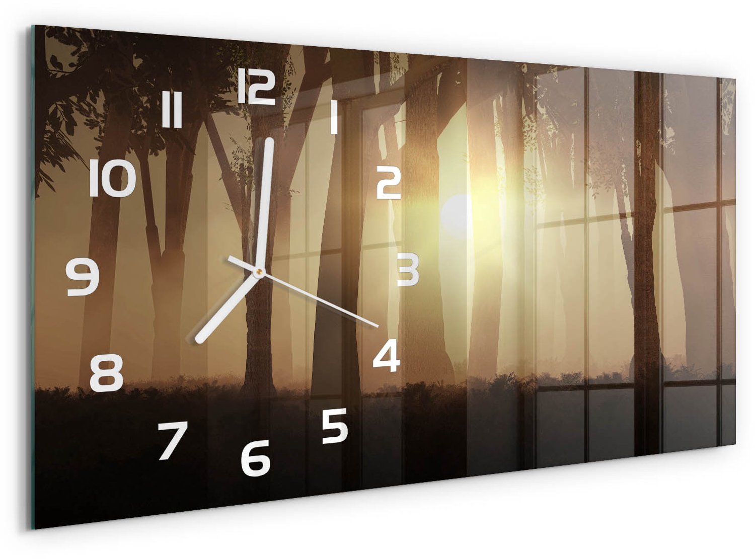 TULUP Wandklok - Mist in het bos Gekleurde Glazen Klok - 60x30 cm - Bruin Glazen Klok Met Print - Witte handen - Rechthoekige Klok - Moderne Wandklok Glas - Wandklok Glas Decoratie