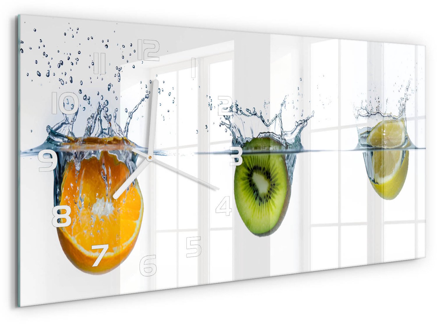 TULUP Wandklok - Fruit onder water Gekleurde Glazen Klok - 60x30 cm - Veelkleurig Glazen Klok Met Print - Witte handen - Rechthoekige Klok - Moderne Wandklok Glas - Wandklok Glas Decoratie