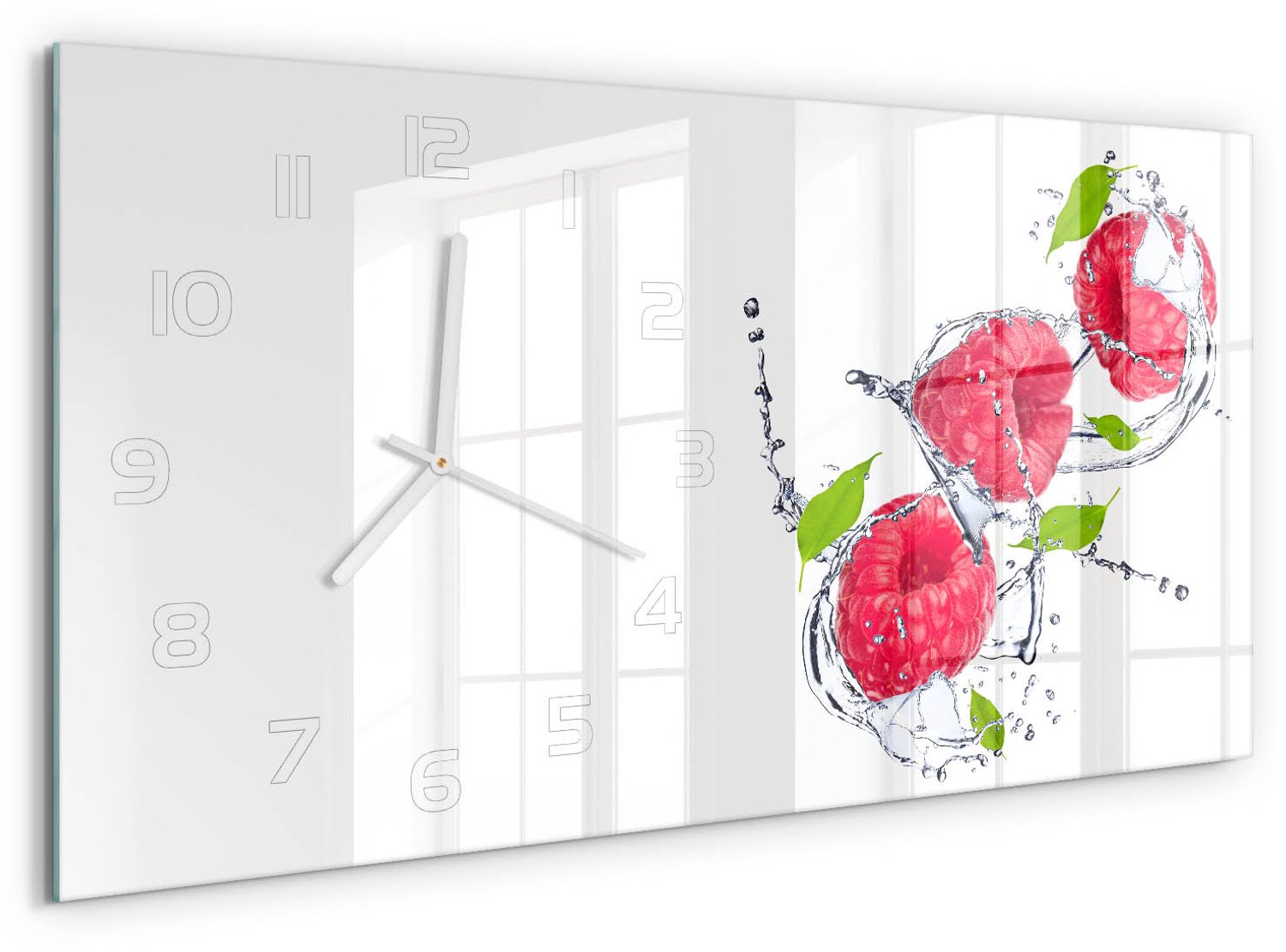 TULUP Wandklok - Framboos en water Gekleurde Glazen Klok - 60x30 cm - Roze Glazen Klok Met Print - Witte handen - Rechthoekige Klok - Moderne Wandklok Glas - Wandklok Glas Decoratie
