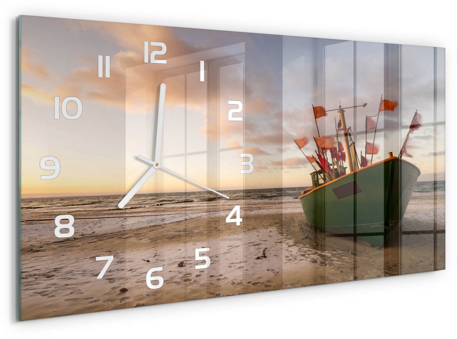 TULUP Wandklok - Strand met vissersboten Glazen Wandklok Design - 60x30 cm - Groente Klok Glas Met Opdruk - Witte handen - Rechthoekige Klok - Wandklok Glas Met Motief - Decoratieve Glazen Klok