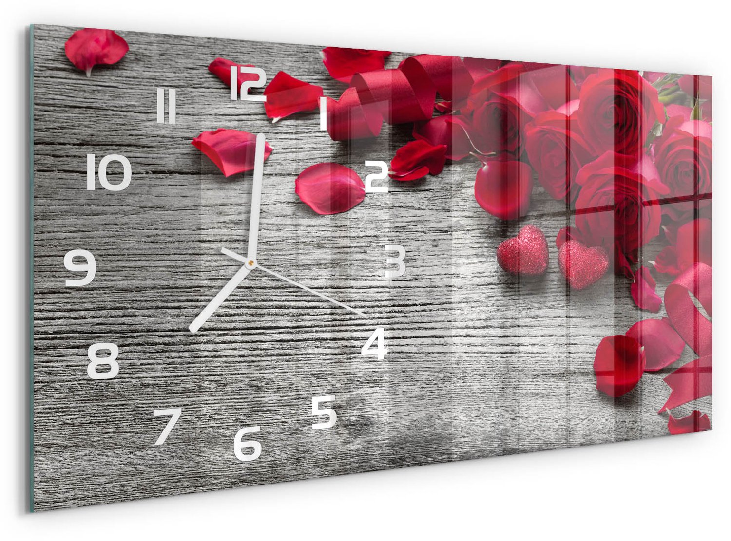 TULUP Wandklok - Rode rozen Wandklok Glas Met Motief - 60x30 cm - Rood Decoratieve Glazen Klok - Witte handen - Rechthoekige Klok - Gekleurde Glazen Klok - Glazen Klok Met Print