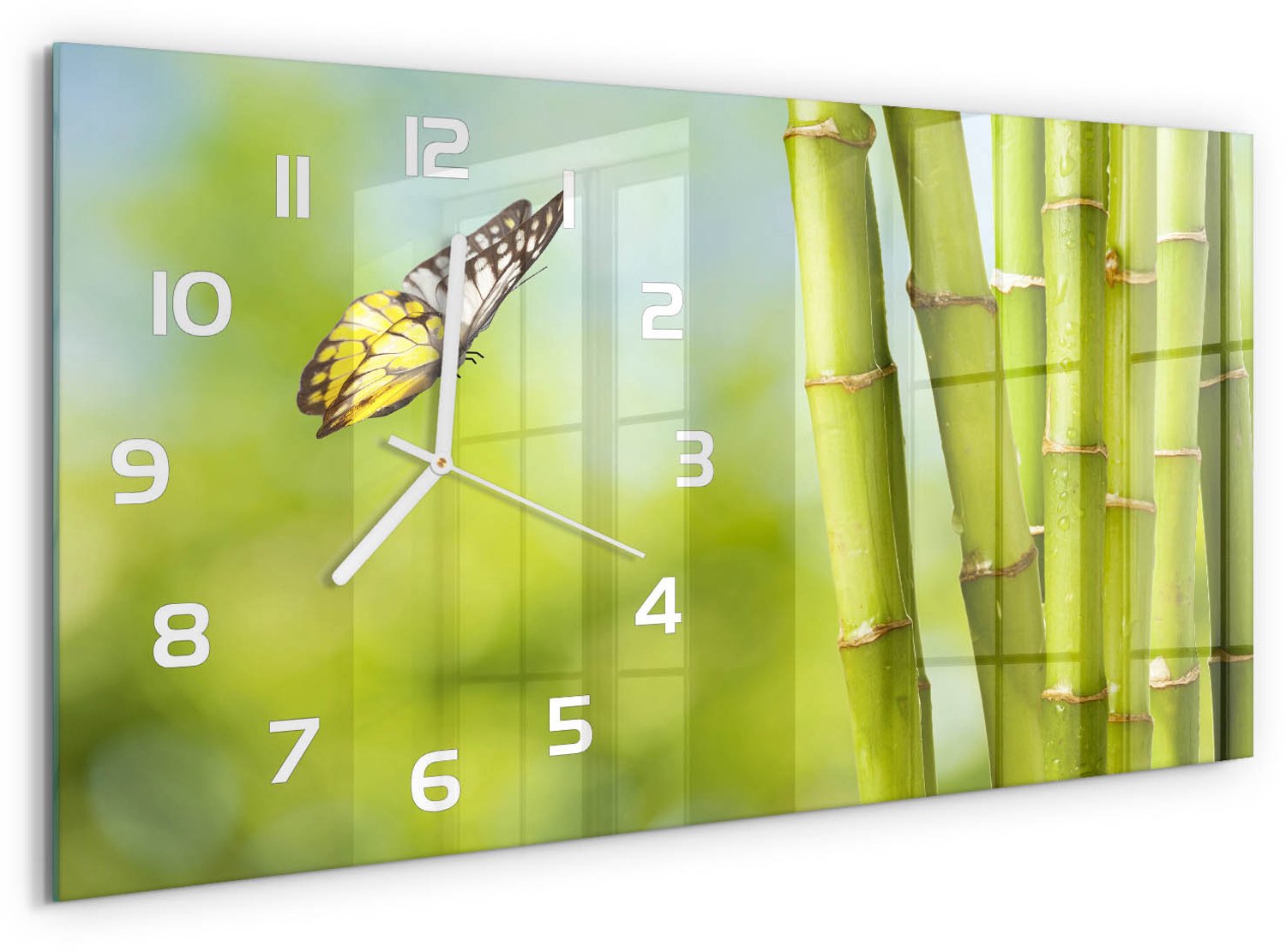 TULUP Wandklok - Bamboe en vlinder Glazen Klok Met Print - 60x30 cm - Groente Wandklok Glas Met Motief - Witte handen - Rechthoekige Klok - Wandklok Glas Decoratie - Gekleurde Glazen Klok