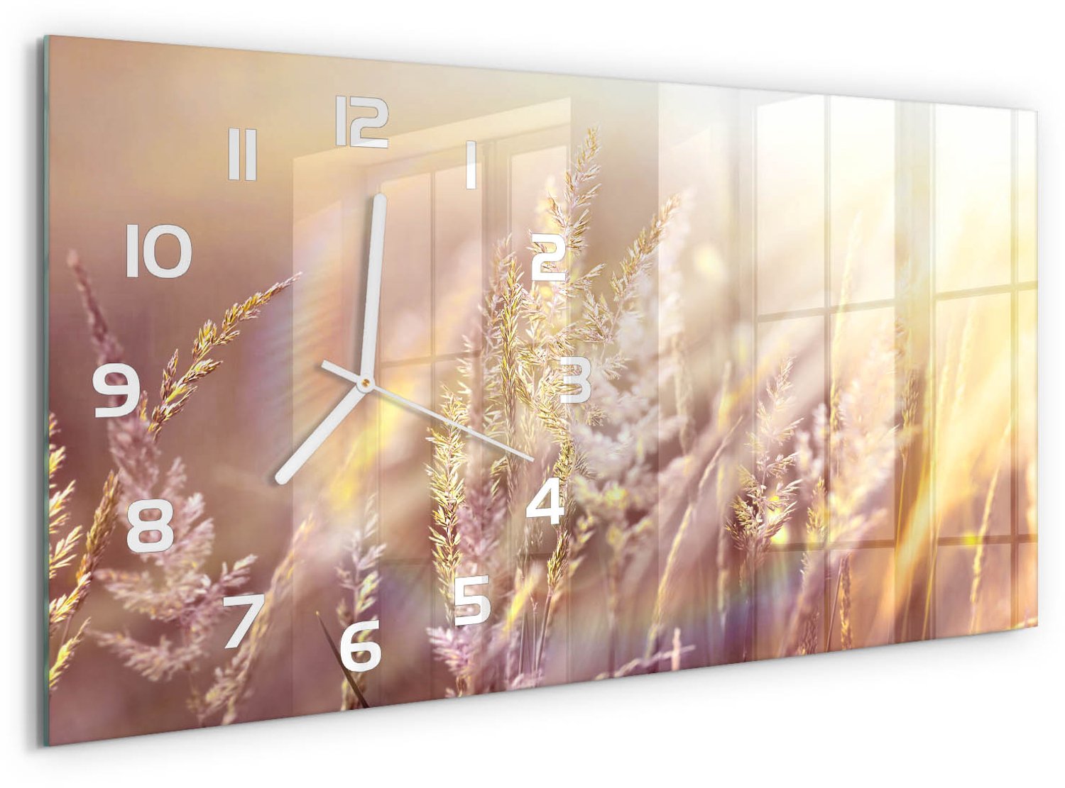TULUP Wandklok - Hoog gras Decoratieve Glazen Klok - 60x30 cm - Beige Glazen Wandklok Design - Witte handen - Rechthoekige Klok - Glazen Klok Met Print - Wandklok Glas Met Motief
