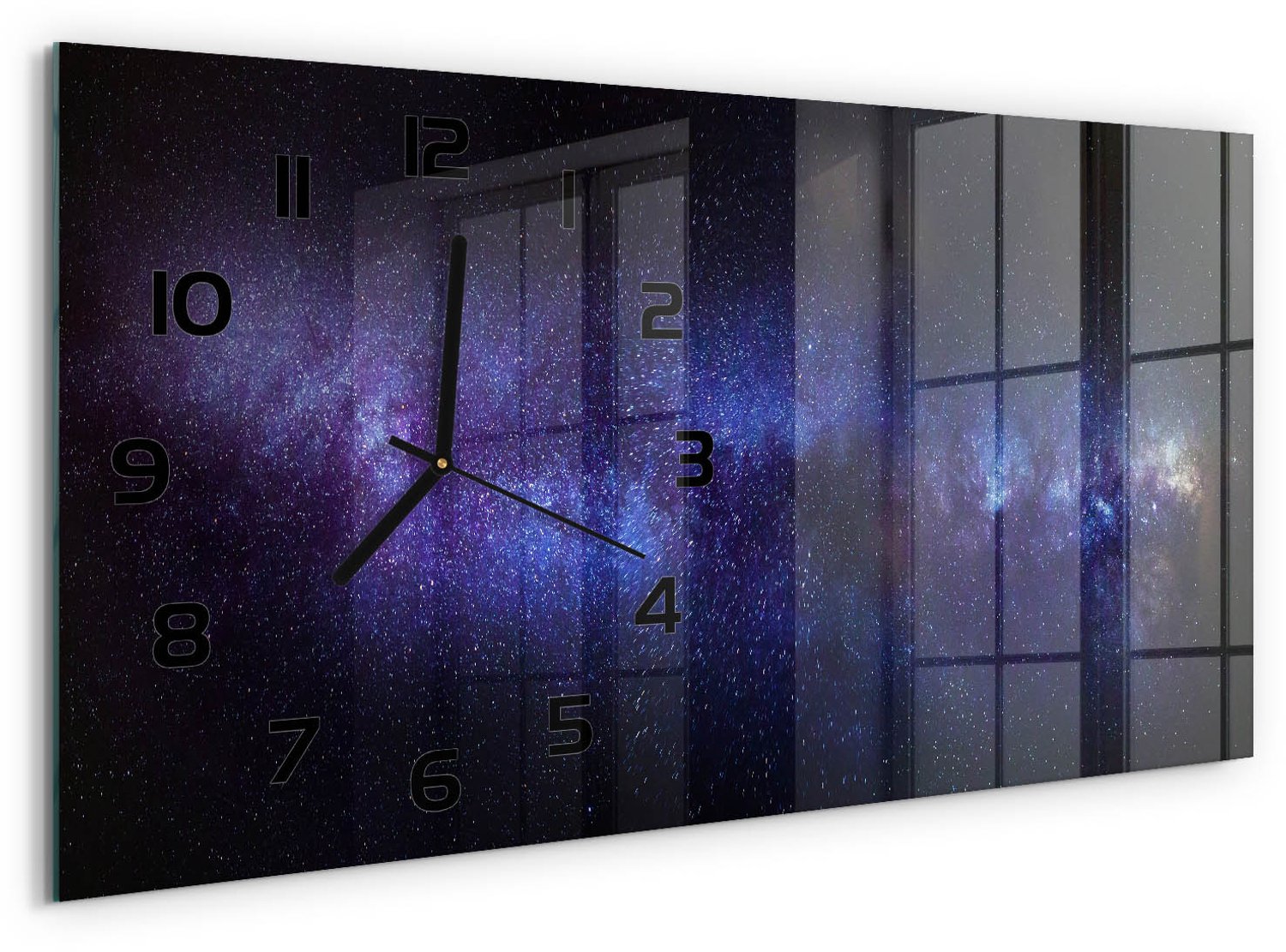 TULUP Wandklok - Melkweg Moderne Wandklok Glas - 60x30 cm - Paars Wandklok Glas Decoratie - Zwarte handen - Rechthoekige Klok - Glazen Wandklok Design - Klok Glas Met Opdruk
