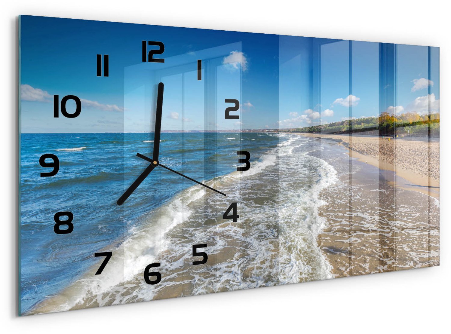 TULUP Wandklok - Oostzee Klok Glas Met Opdruk - 60x30 cm - Blauw Moderne Wandklok Glas - Zwarte handen - Rechthoekige Klok - Decoratieve Glazen Klok - Glazen Wandklok Design