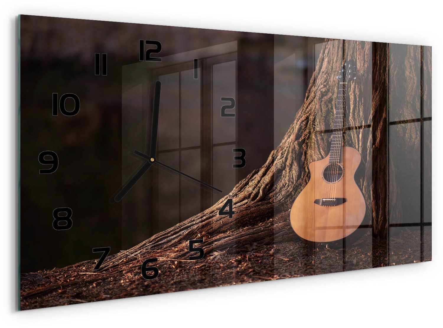 TULUP Wandklok - akoestische gitaar Wandklok Glas Met Motief - 60x30 cm - Bruin Decoratieve Glazen Klok - Zwarte handen - Rechthoekige Klok - Gekleurde Glazen Klok - Glazen Klok Met Print