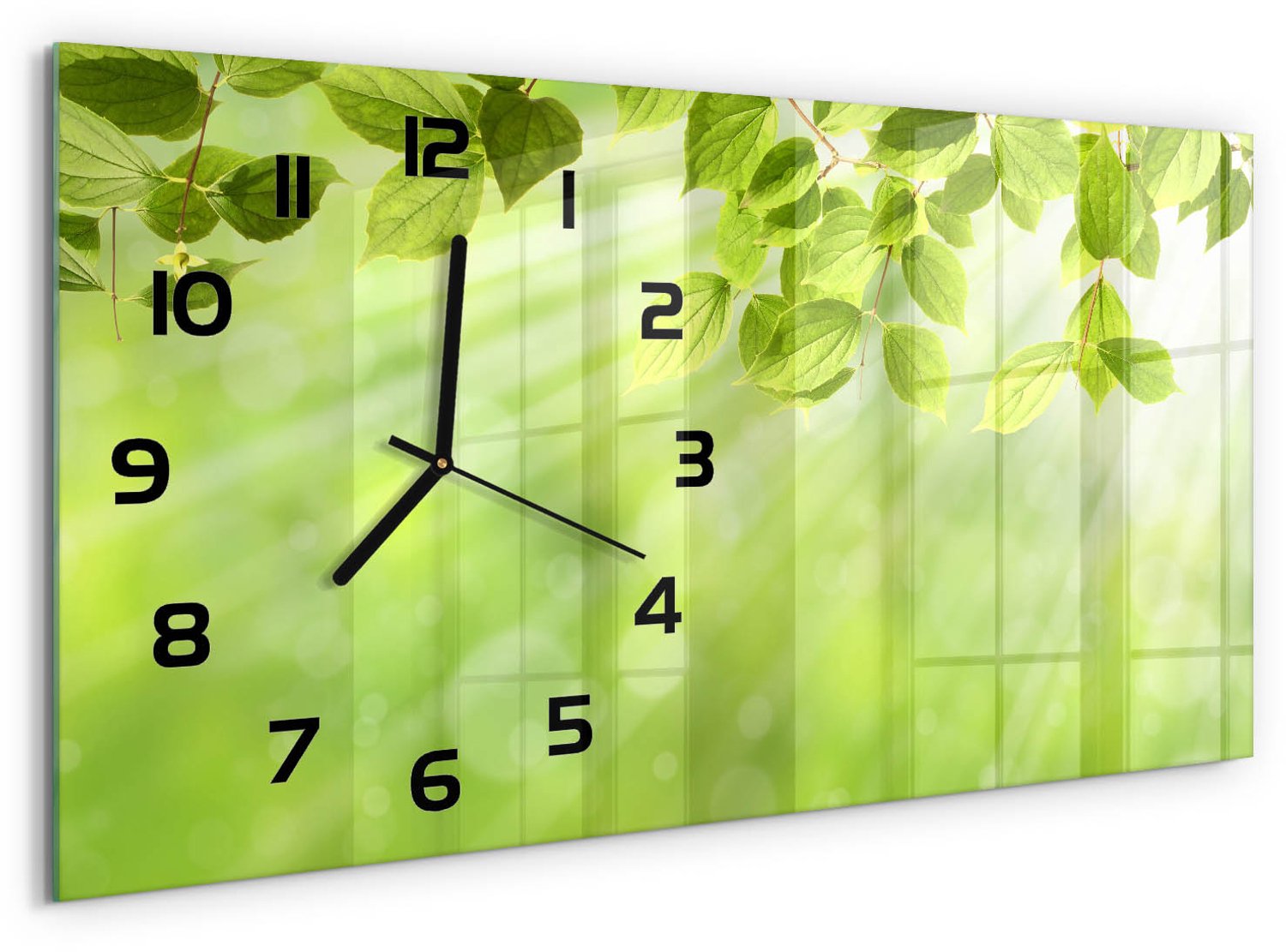 TULUP Wandklok - Bladeren Decoratieve Glazen Klok - 60x30 cm - Groente Glazen Wandklok Design - Zwarte handen - Rechthoekige Klok - Glazen Klok Met Print - Wandklok Glas Met Motief