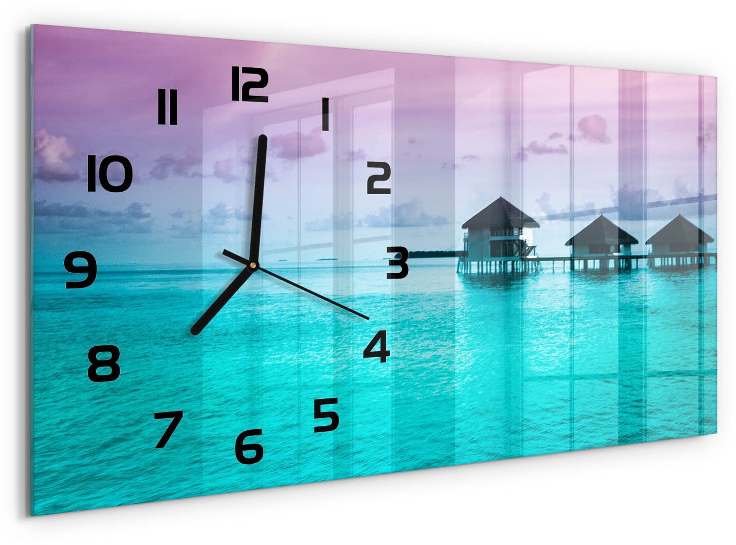 TULUP Wandklok - Bungalows aan het water Glazen Wandklok Design - 60x30 cm - Blauw Klok Glas Met Opdruk - Zwarte handen - Rechthoekige Klok - Wandklok Glas Met Motief - Decoratieve Glazen Klok