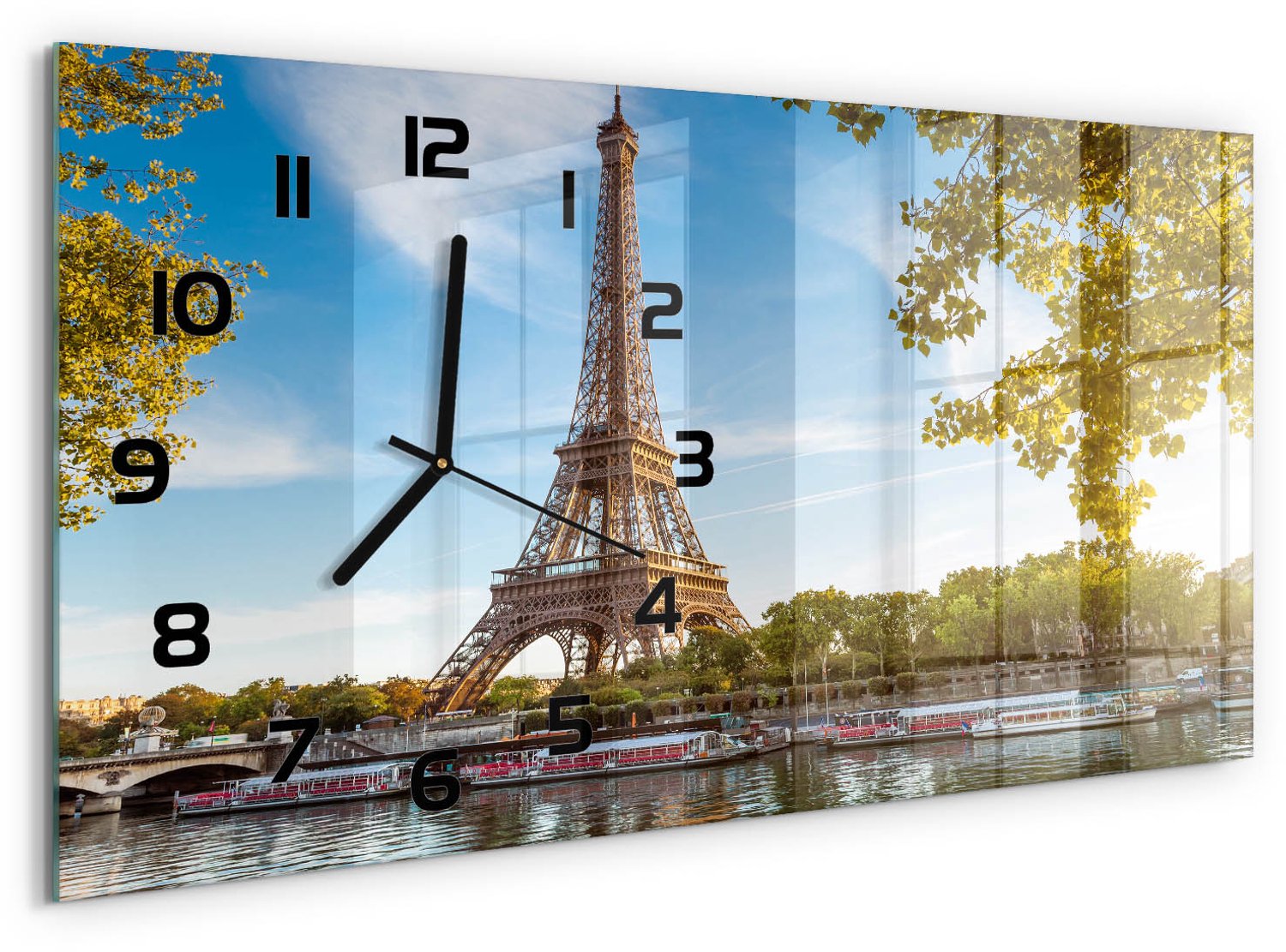 TULUP Wandklok - Eiffeltoren Parijs Decoratieve Glazen Klok - 60x30 cm - Veelkleurig Glazen Wandklok Design - Zwarte handen - Rechthoekige Klok - Glazen Klok Met Print - Wandklok Glas Met Motief