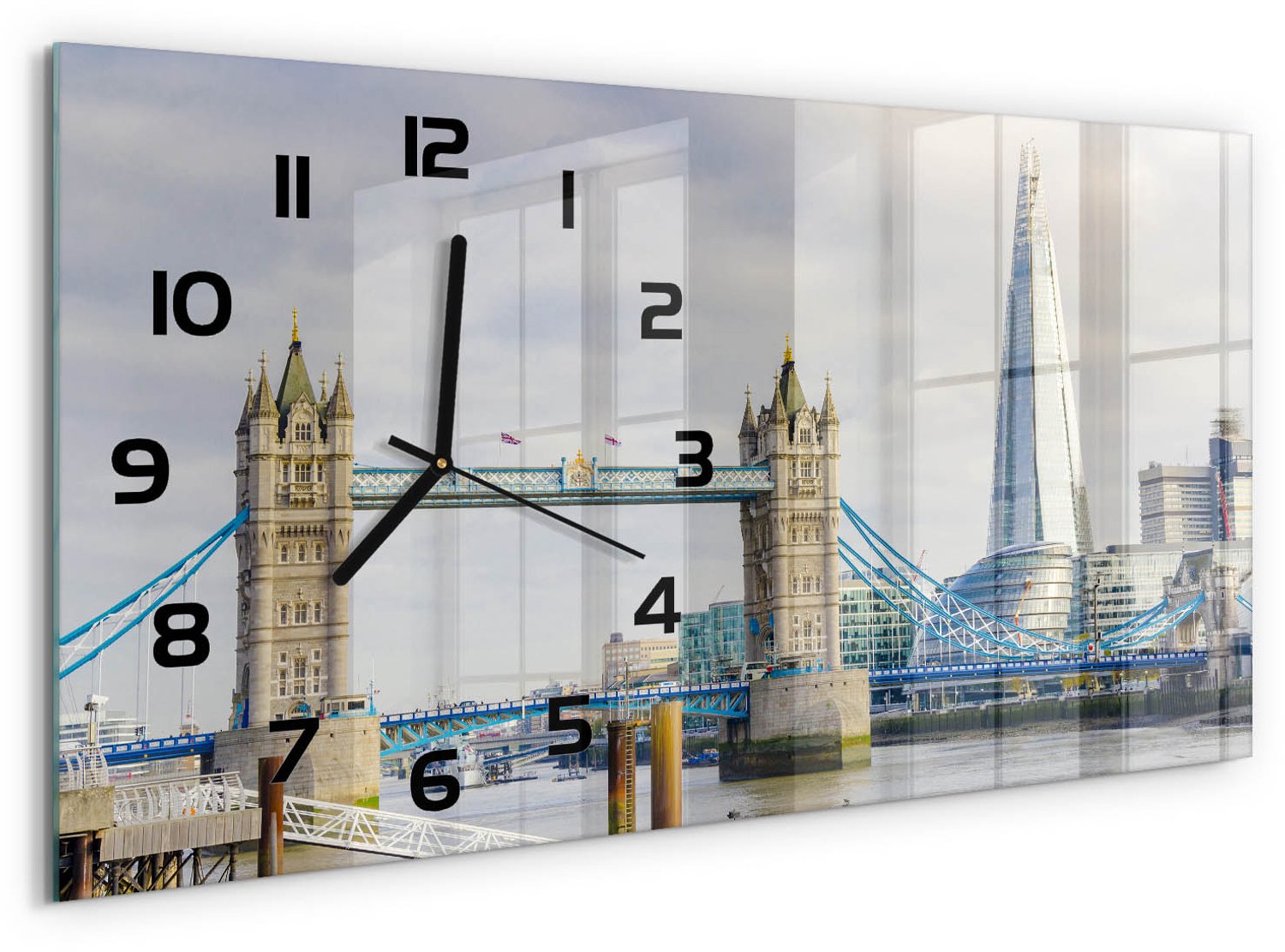TULUP Wandklok - Theems Londen Klok Glas Met Opdruk - 60x30 cm - Beige Moderne Wandklok Glas - Zwarte handen - Rechthoekige Klok - Decoratieve Glazen Klok - Glazen Wandklok Design