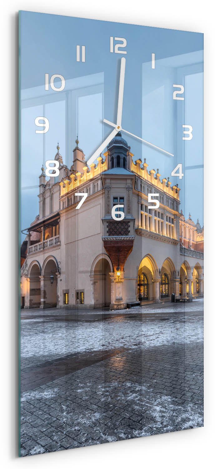 Tulup Wandklok - Krakau, Polen Klok Glas Met Opdruk - 30x60 cm - Blauw Moderne Wandklok Glas - Witte handen - Rechthoekige Klok - Decoratieve Glazen Klok - Glazen Wandklok Design