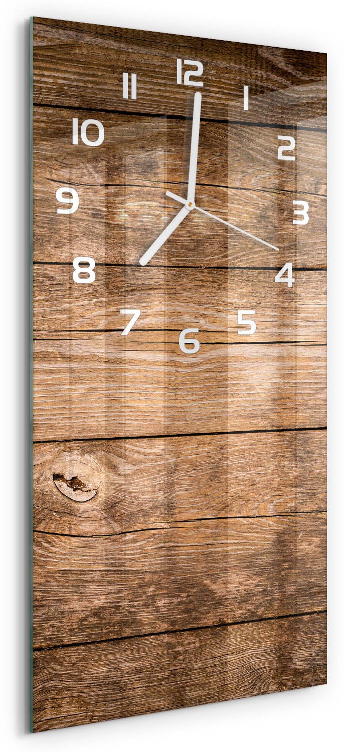 Tulup Wandklok - Houten achtergrond Moderne Wandklok Glas - 30x60 cm - Bruin Wandklok Glas Decoratie - Witte handen - Rechthoekige Klok - Glazen Wandklok Design - Klok Glas Met Opdruk