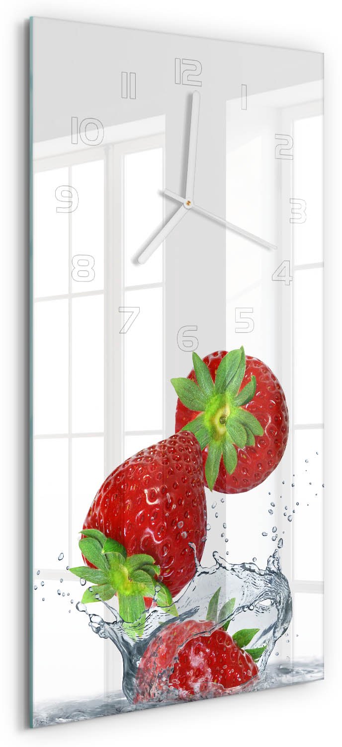 Tulup Wandklok - Aardbeien Decoratieve Glazen Klok - 30x60 cm - Rood Glazen Wandklok Design - Witte handen - Rechthoekige Klok - Glazen Klok Met Print - Wandklok Glas Met Motief