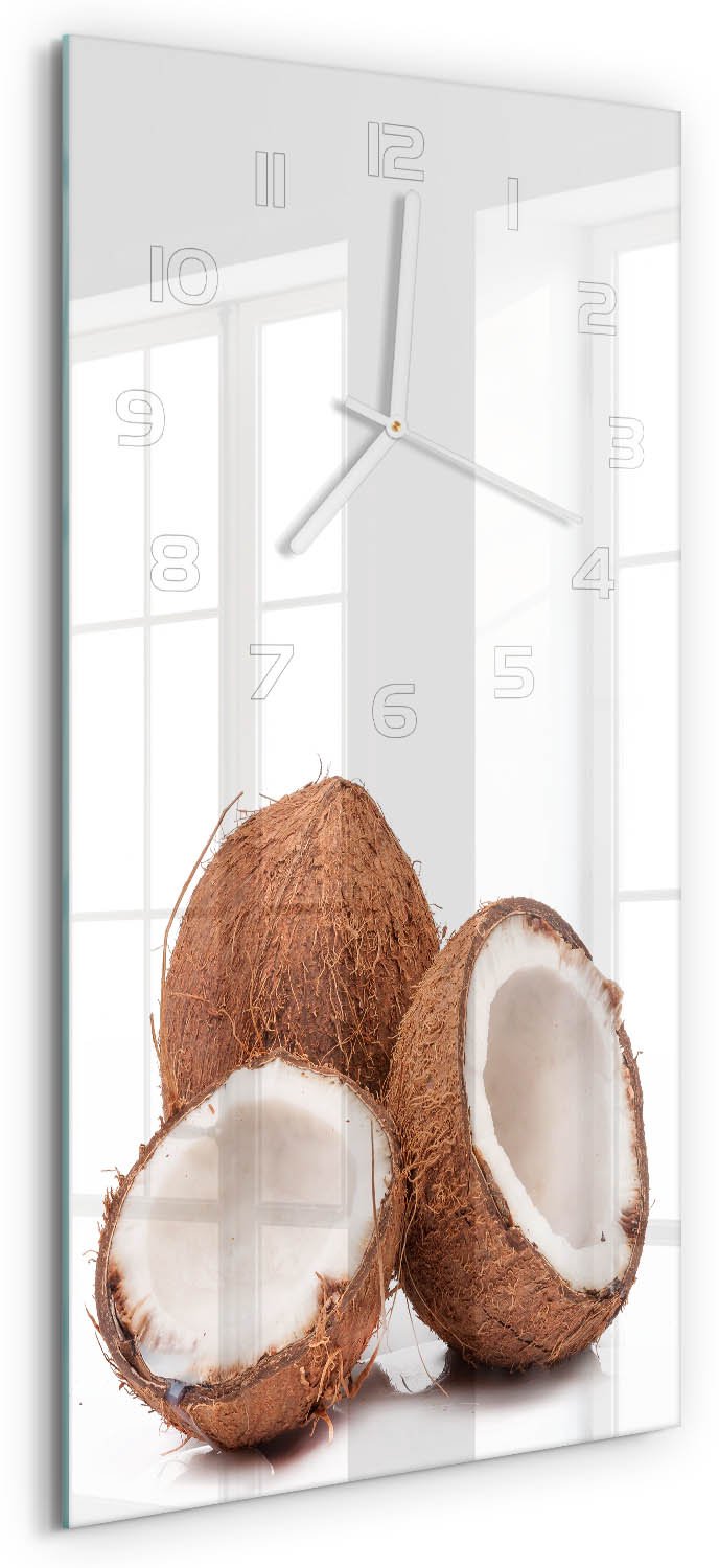 Tulup Wandklok - Kokosnoot Glazen Klok Met Print - 30x60 cm - Bruin Wandklok Glas Met Motief - Witte handen - Rechthoekige Klok - Wandklok Glas Decoratie - Gekleurde Glazen Klok
