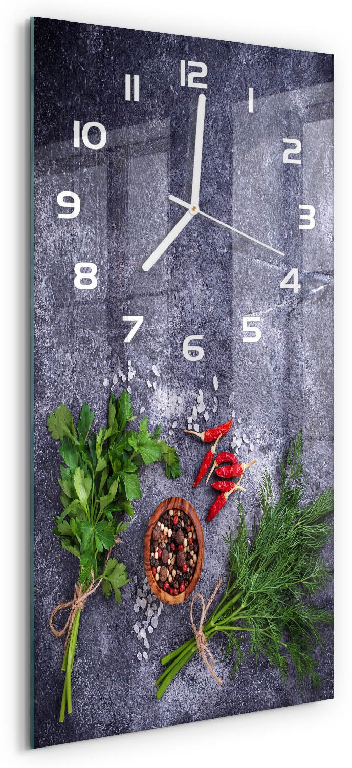Tulup Wandklok - Kruiden en specerijen Moderne Wandklok Glas - 30x60 cm - Groente Wandklok Glas Decoratie - Witte handen - Rechthoekige Klok - Glazen Wandklok Design - Klok Glas Met Opdruk