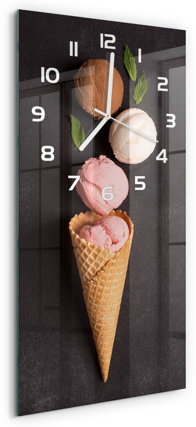 Tulup Wandklok - IJs in een wafelhoorntje Klok Glas Met Opdruk - 30x60 cm - Zwart Moderne Wandklok Glas - Witte handen - Rechthoekige Klok - Decoratieve Glazen Klok - Glazen Wandklok Design
