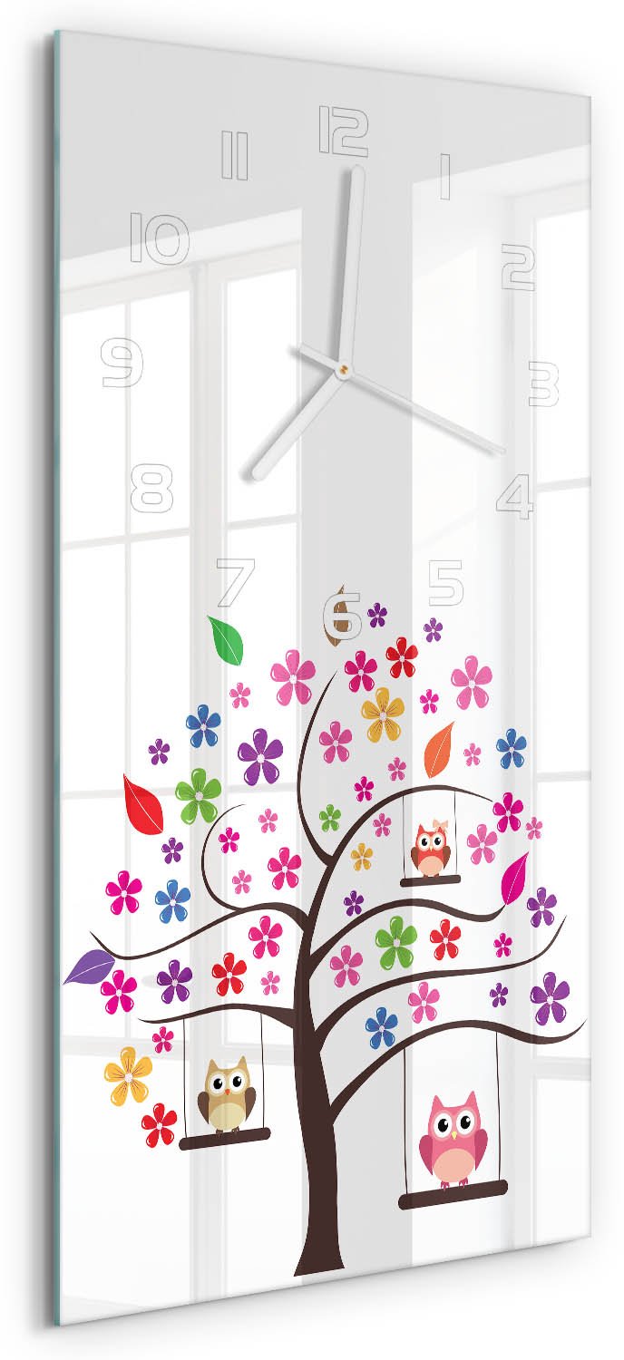 Tulup Wandklok - Uilen op schommels Gekleurde Glazen Klok - 30x60 cm - Veelkleurig Glazen Klok Met Print - Witte handen - Rechthoekige Klok - Moderne Wandklok Glas - Wandklok Glas Decoratie