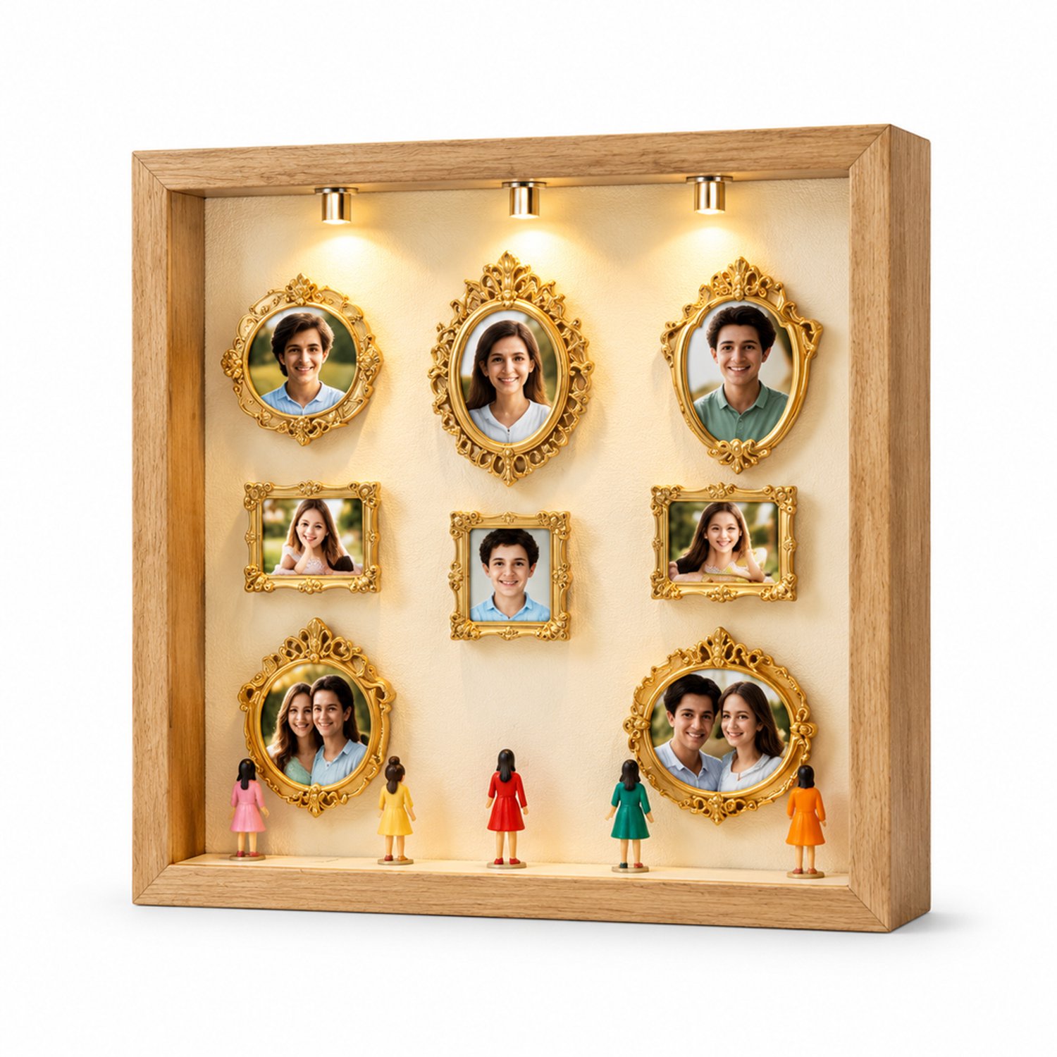 SWGOTA Naturelkleurige 3D-displaylijst voor op tafel, binnenmaat 20 x 25 cm, met 8 miniatuurlijstjes, 8 willekeurige figuurtjes en 2 lampjes