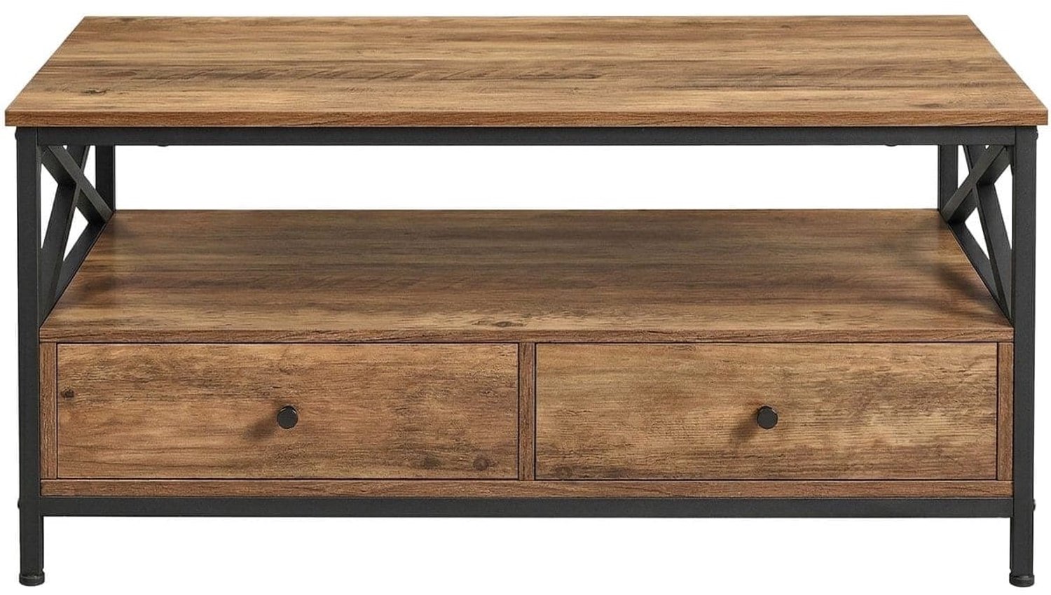 Klarven Salontafel Lichtbruin-Zwart - Salontafel met Lade - Industrieel Salontafel - Salontafel - Open Vakken en Verstelbare Poten