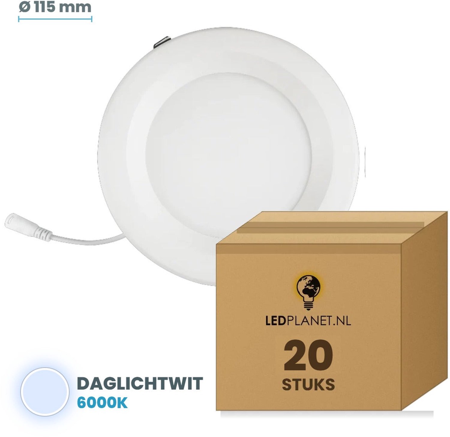 Tsong LED downlight 9W - 20 stuks - Daglichtwit 6000K - 900 lm - Ø115mm - zaagmaat Ø95mm - 120° - IP20 - CRI80 - 230V