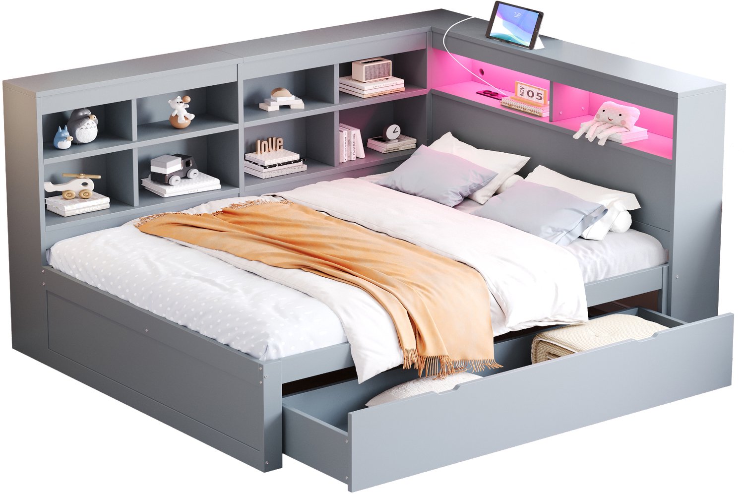 MUVANO Bedbank 140 x 200 cm - massief houten bed met opbergruimte - bed met extra grote opberglades, USB-aansluiting en LED-verlichting - grijs