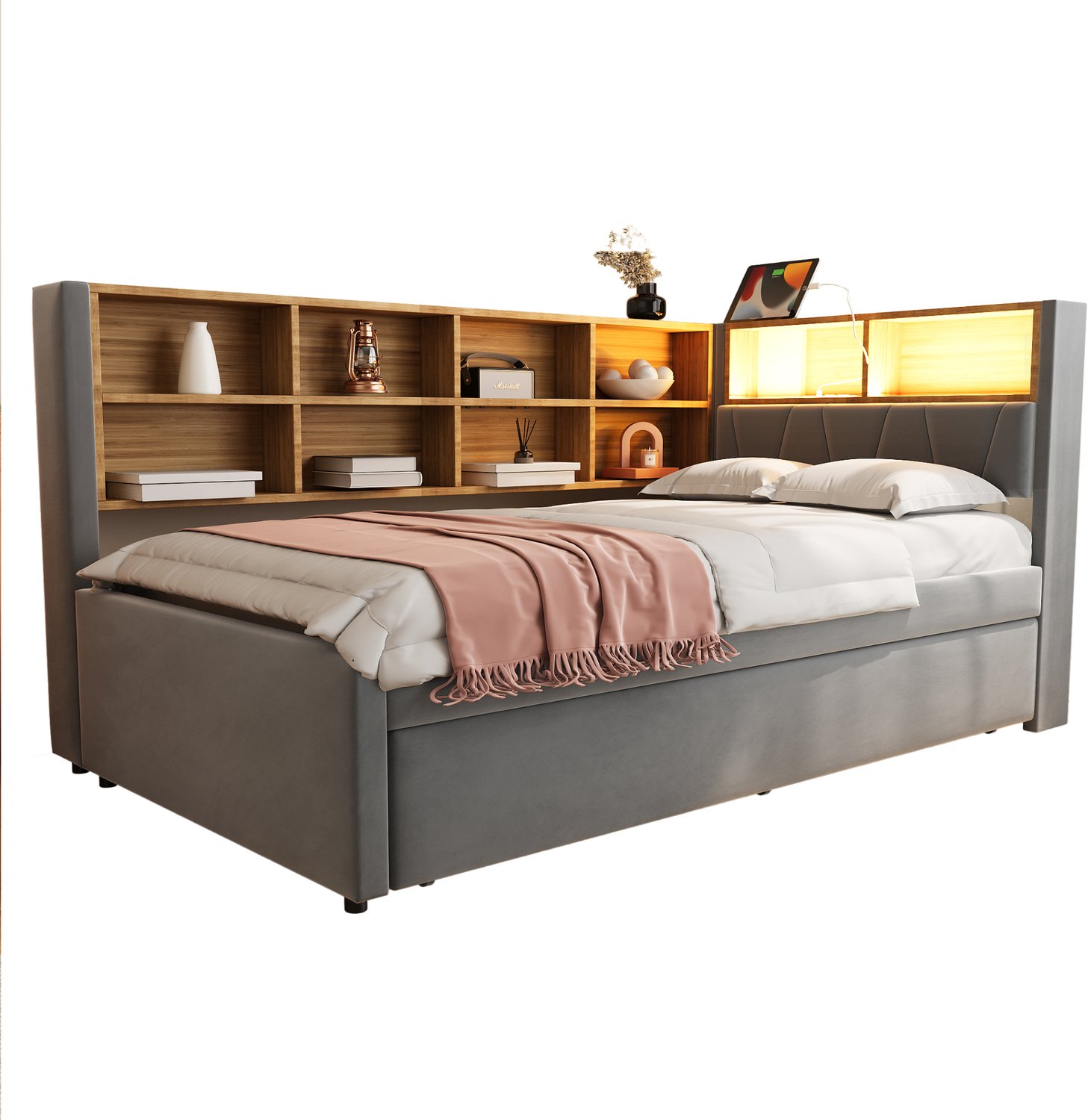 MUVANO Slaapbank 90 x 200 cm met uitschuifbed - slaapbank met ledverlichting en opbergruimte - flanellen bed - donkergrijs voor de slaapkamer