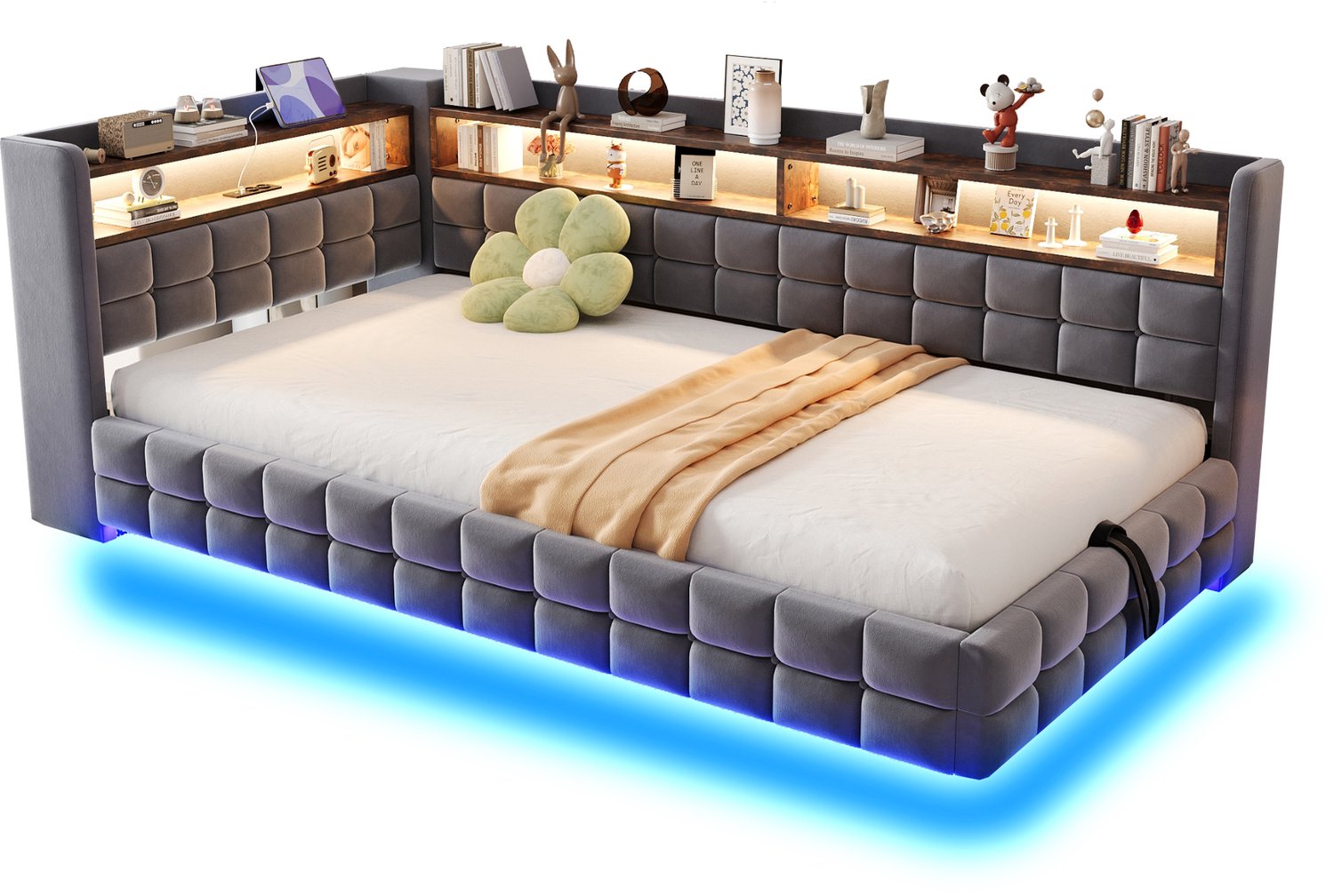 MUVANO Gestoffeerde bedbank met opbergruimte - slaapbank met LED-verlichting, stopcontact, USB en USB-C - 90 x 200 cm - grijze fluwelen bedbank Grijs