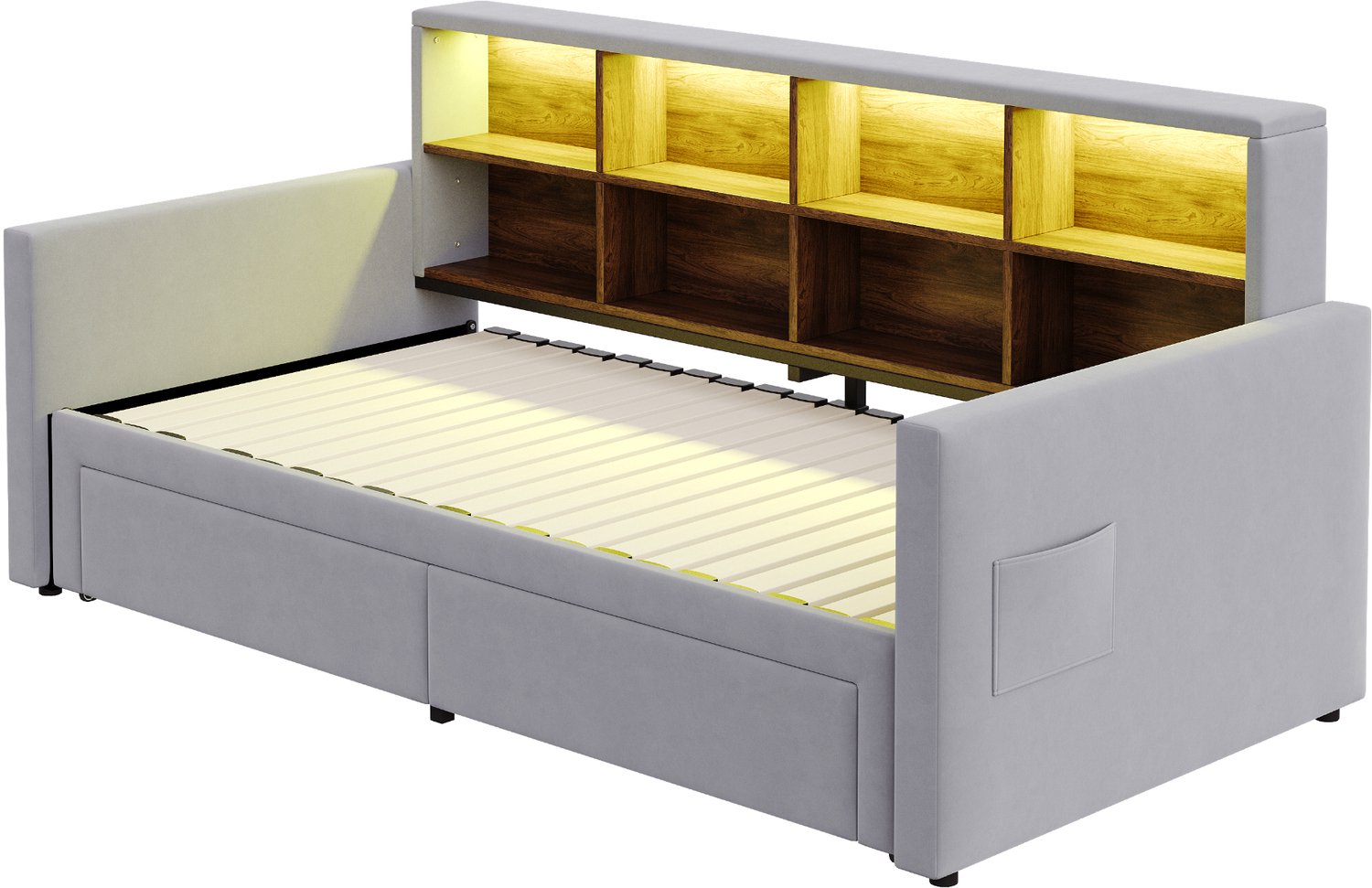 MUVANO Uitschuifbaar gestoffeerd bed 90 x 190 cm - slaapbank met logeerbed - fluweel, hoofdbord met opbergruimte, ledverlichting en twee lades - lichtgrijs