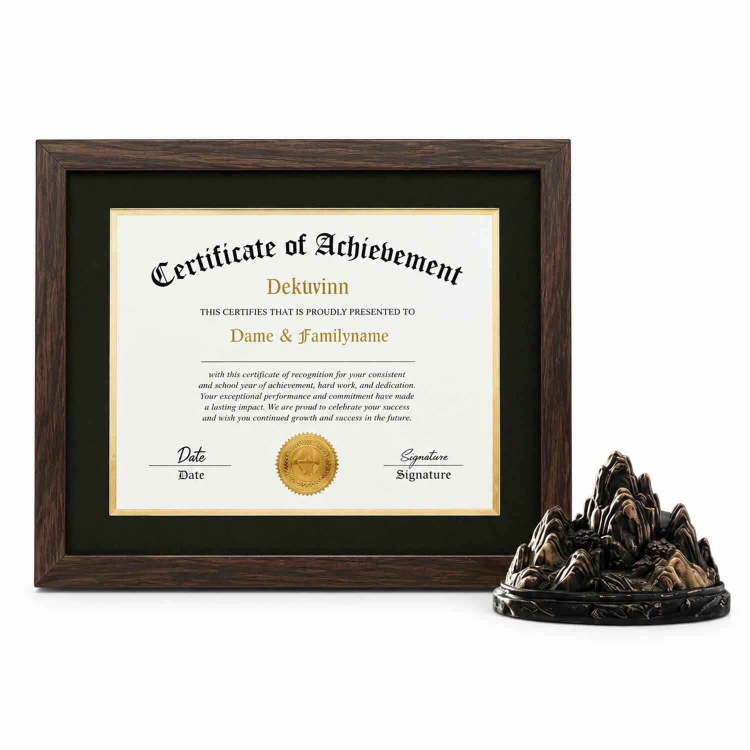 SWGOTA MDF-certificaatlijst met walnootbruine rand en zwart-gouden dubbel passe-partout, 14 inch, binnenmaat 28 x 35,5 cm, voor op een bureau