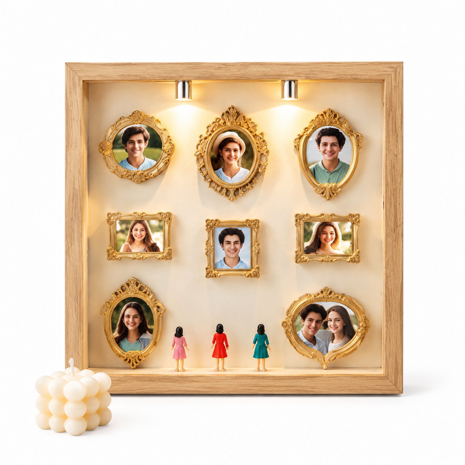 SWGOTA Witte vierkante displayfotolijst 20,3 x 20,3 x 3 cm met 8 minilijstjes en 8 willekeurige figuurtjes
