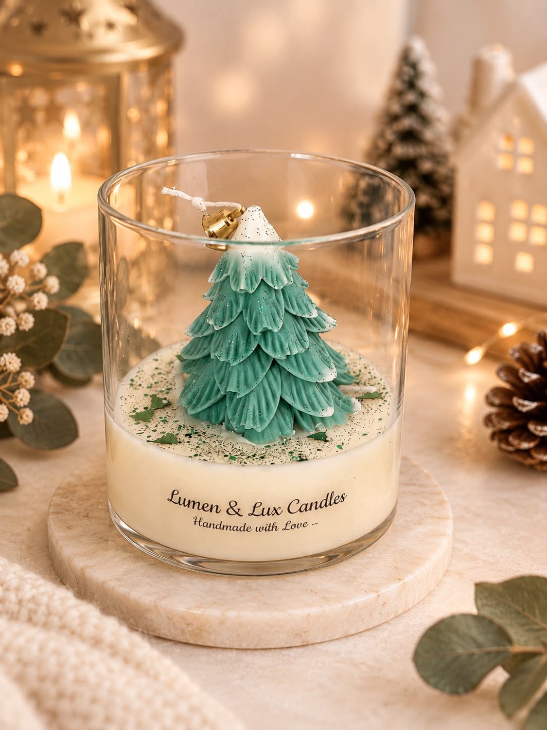 Lumen and Lux Candles Handgemaakte Kerstboomkaars in Glas – Luxe Kerstdecoratie – Personaliseerbare Kleur – Lumen & Lux Candles Ivoor, groen of roze
