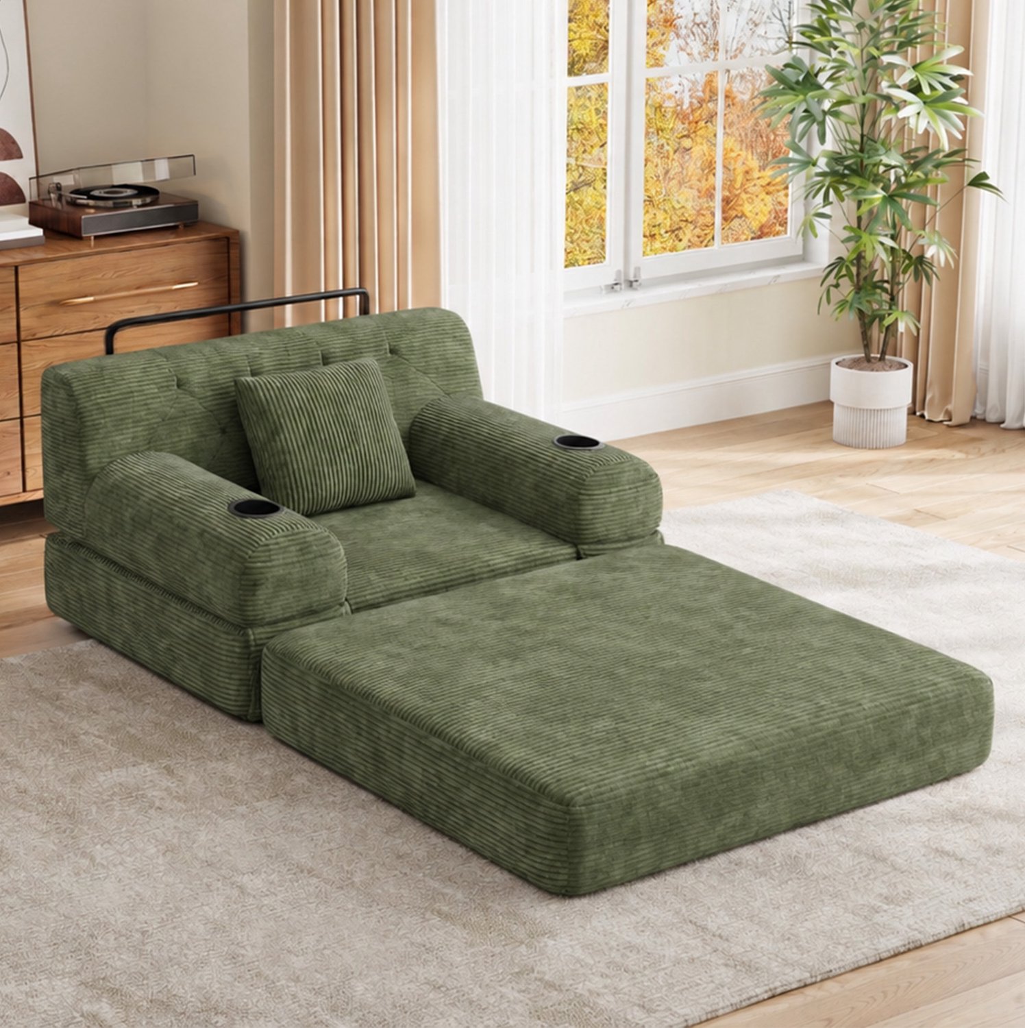 DESMIU Slaapbank 107 x 80 x 81 cm - Hoge Rugleuning, 2 Bekerhouders en 4 Zijvakken - voor Woonkamer en Logeerkamer - Ribstof - Groen