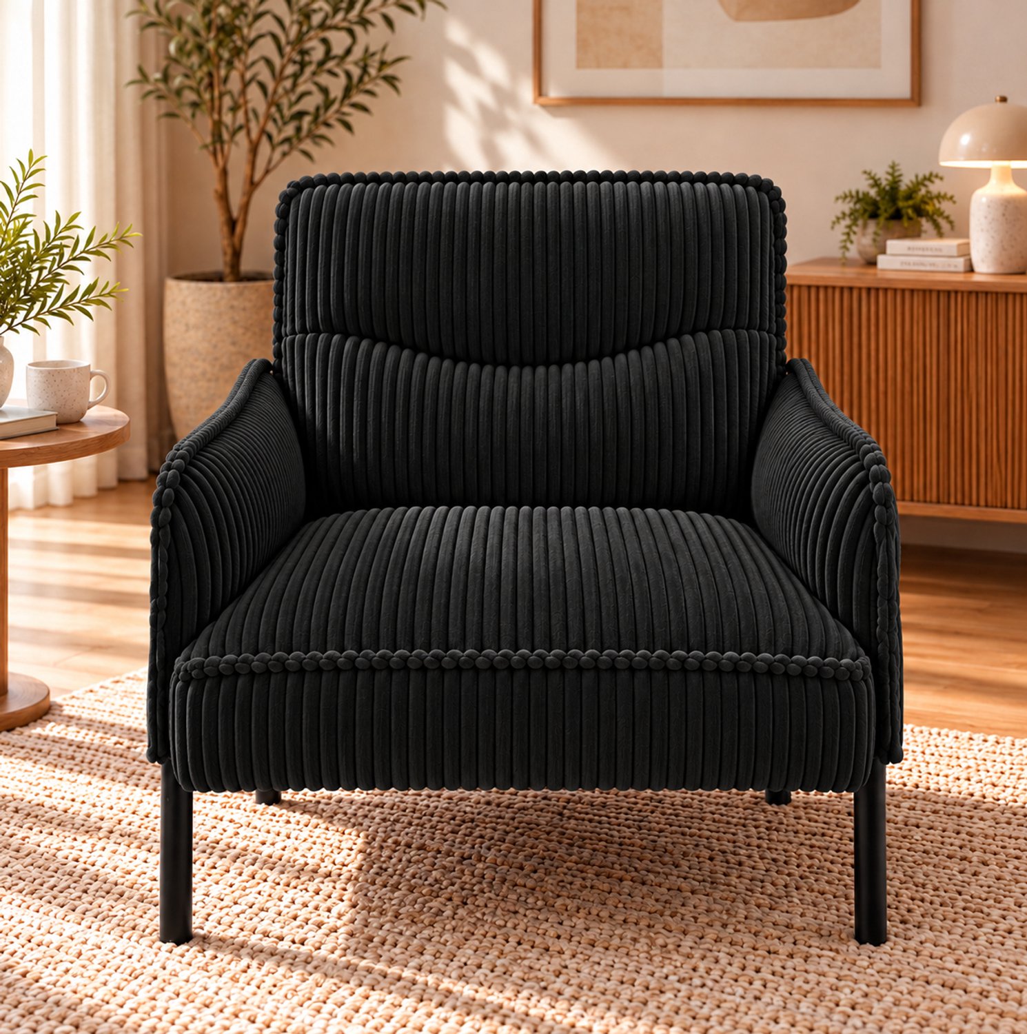 MODENUIT Fauteuil 69 x 73 x 83 cm - 1-Zits Met Zijvakken En Armleuningen - Woonkamer - Ribstof - Zwart